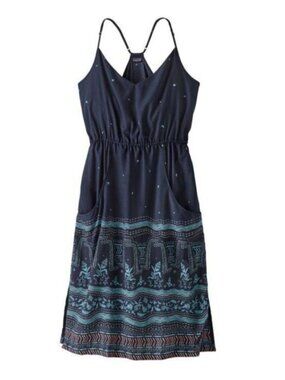 Patagonia Lost Wildflower Dress Navy Blue Tencel Midi Sun Dress M Travel